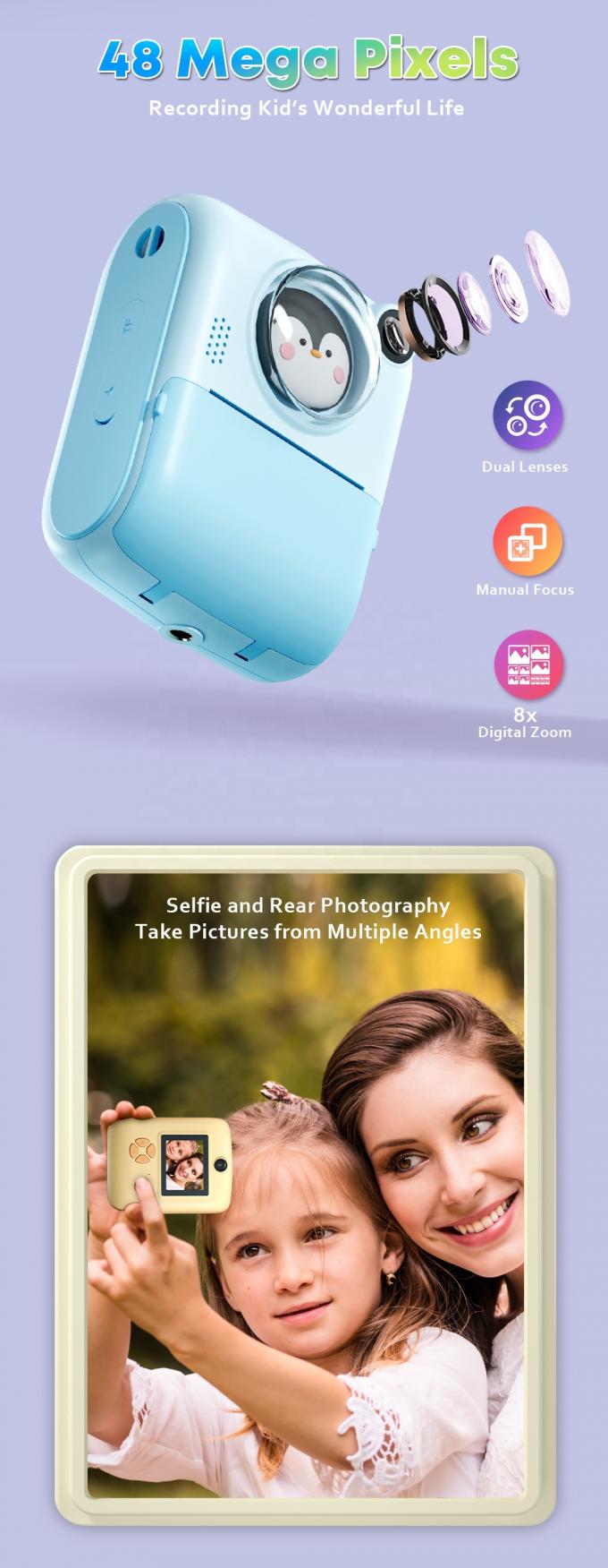 Çok Dilli ABS Çocuk Dijital Fotoğraf Makineleri Çift Lensli Anında Baskı 0